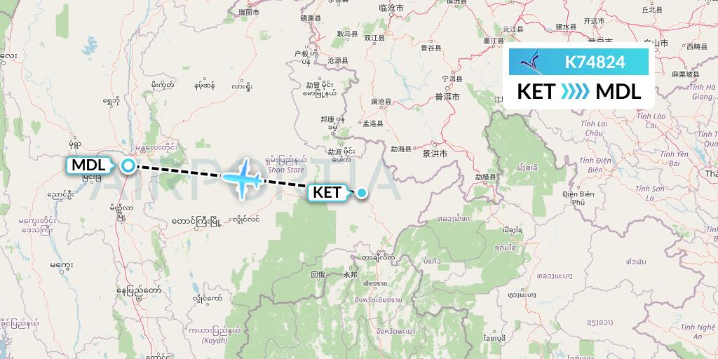 K74824 Air KBZ Flight Map: Kengtung to Mandalay