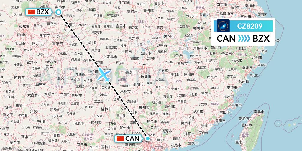 CZ8209 China Southern Airlines Flight Map: Guangzhou to Guangyuan