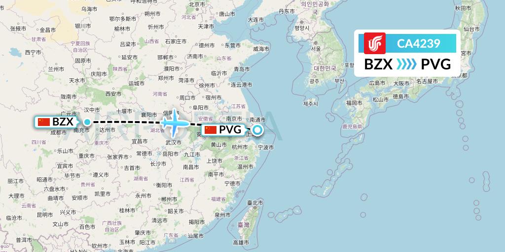 CA4239 Air China Flight Map: Guangyuan to Shanghai