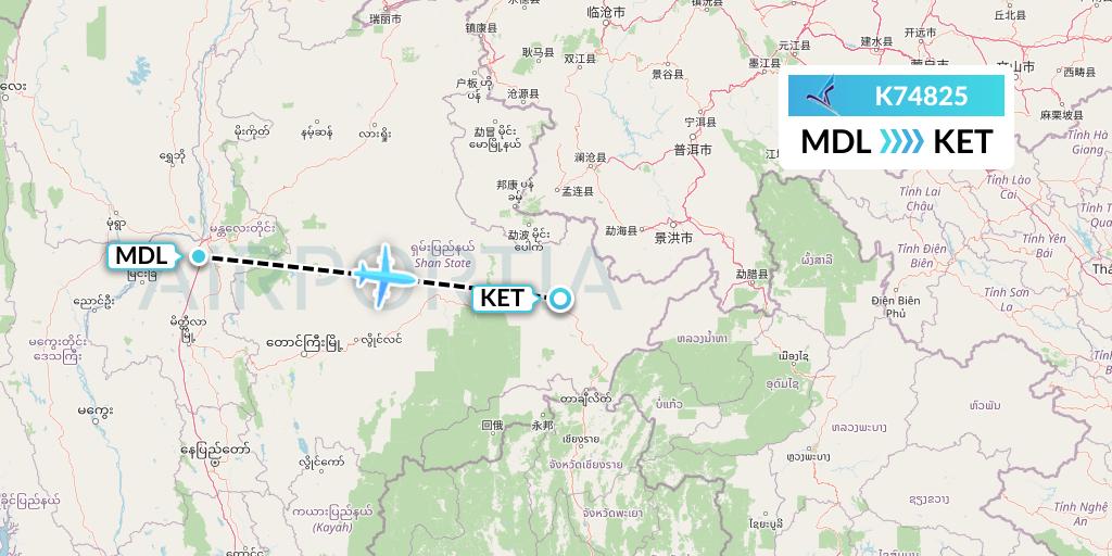 K74825 Air KBZ Flight Map: Mandalay to Kengtung