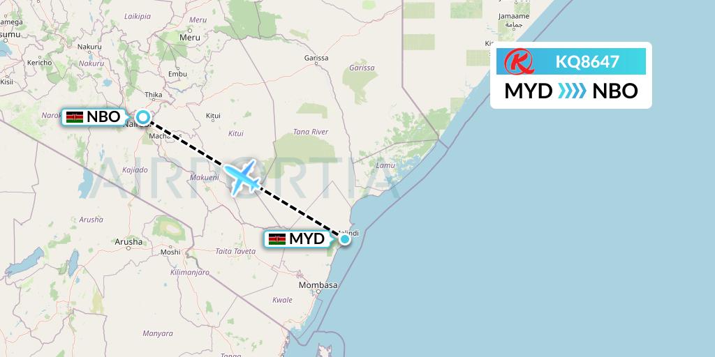 KQ8647 Kenya Airways Flight Map: Malindi to Nairobi