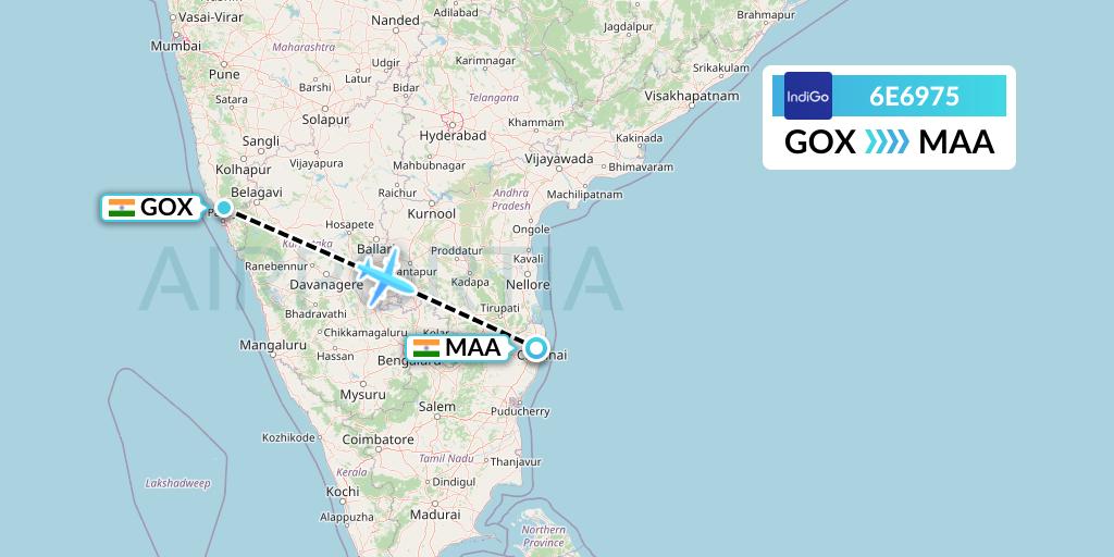 6E6975 IndiGo Airlines Flight Map: Goa to Chennai