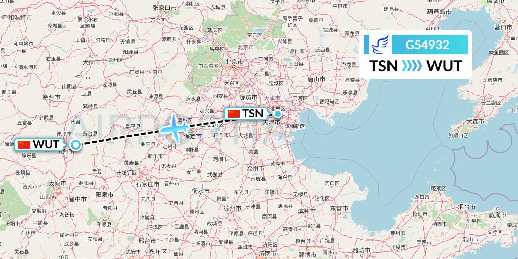G54932 China Express Airlines Flight Map: Tianjin to Taiyuan