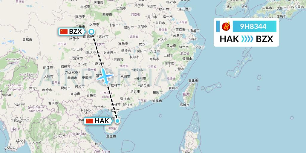 9H8344 Air Changan Flight Map: Haikou to Guangyuan