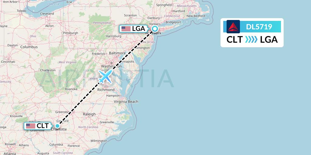 DL5719 Delta Air Lines Flight Map: Charlotte to New York