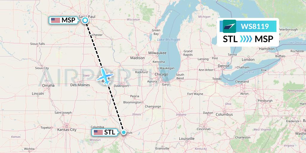 WS8119 WestJet Flight Map: St. Louis to Minneapolis
