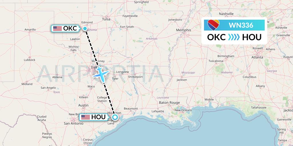 WN336 Southwest Airlines Flight Map: Oklahoma City to Houston