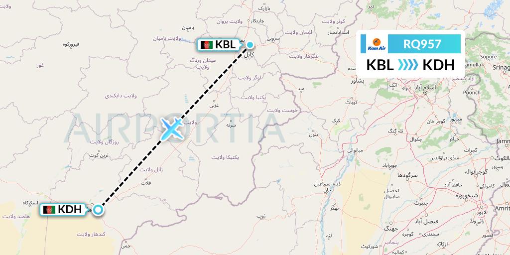 RQ957 Kam Air Flight Map: Kabul to Kandahar