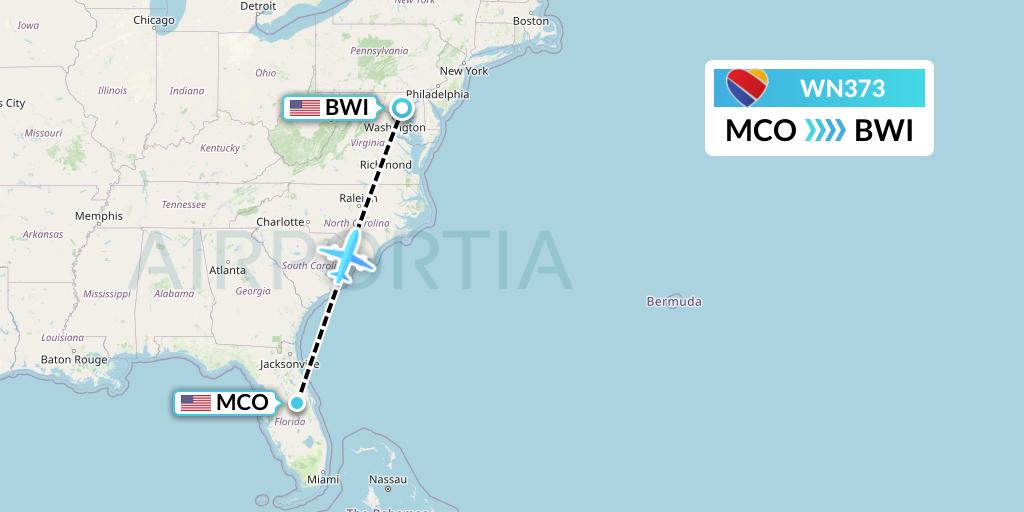 WN373 Southwest Airlines Flight Map: Orlando to Baltimore