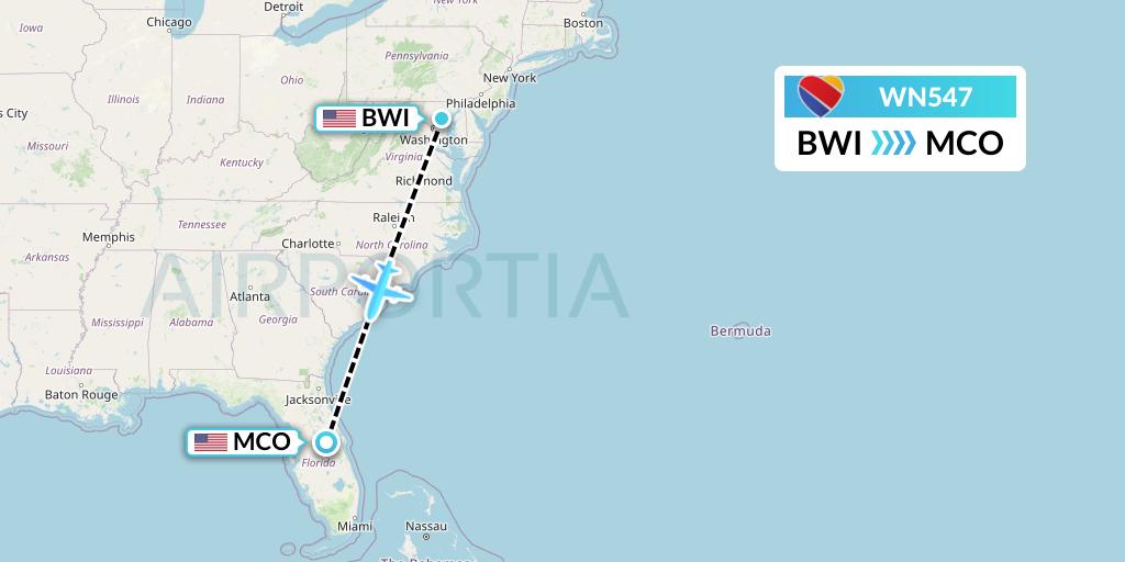 WN547 Southwest Airlines Flight Map: Baltimore to Orlando