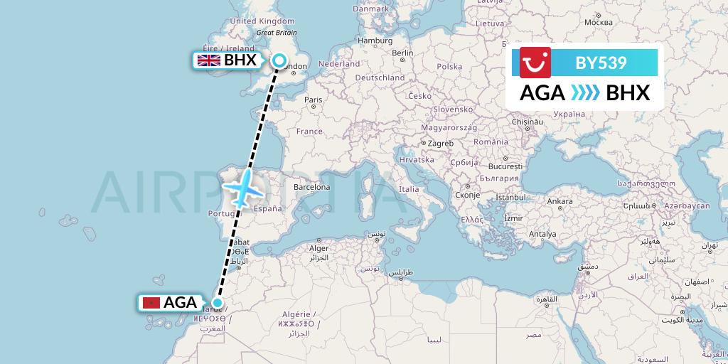 BY539 TUI Airways Flight Map: Agadir to Birmingham