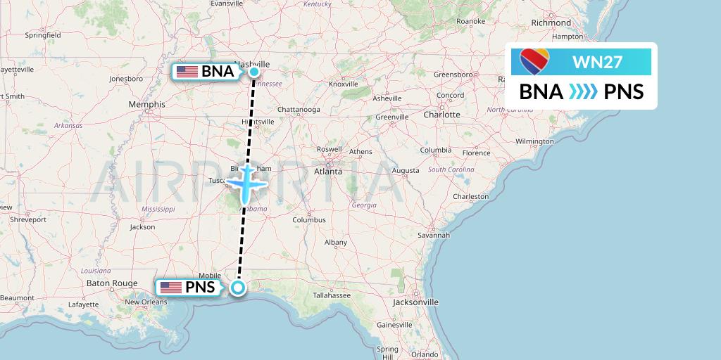 WN27 Southwest Airlines Flight Map: Nashville to Pensacola