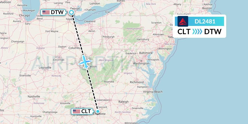 DL2481 Delta Air Lines Flight Map: Charlotte to Detroit