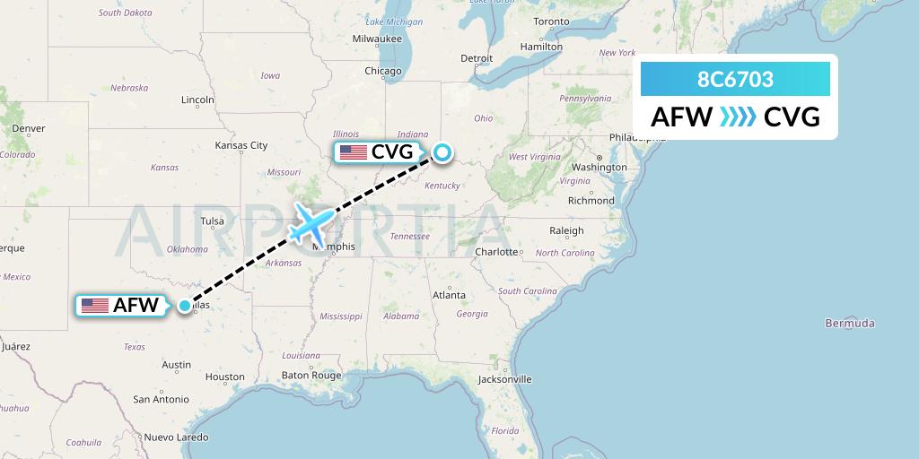 8C6703 Air Transport International Flight Map: Fort Worth to Cincinnati