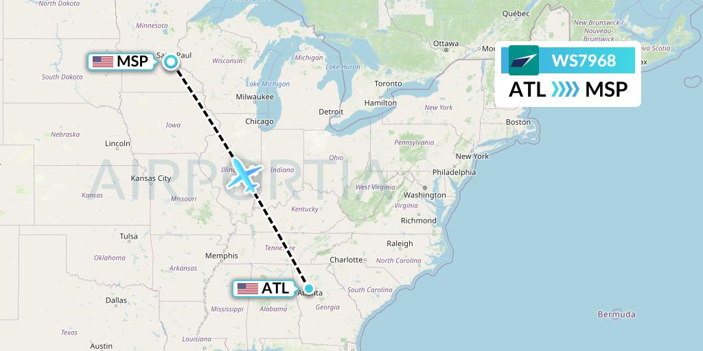 WS7968 WestJet Flight Map: Atlanta to Minneapolis