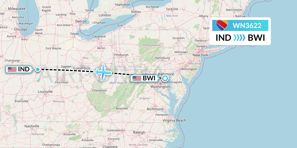 WN3622 Southwest Airlines Flight Map: Indianapolis to Baltimore