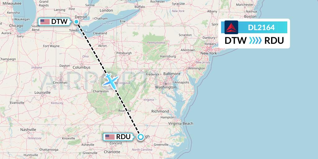 DL2164 Delta Air Lines Flight Map: Detroit to Raleigh-Durham