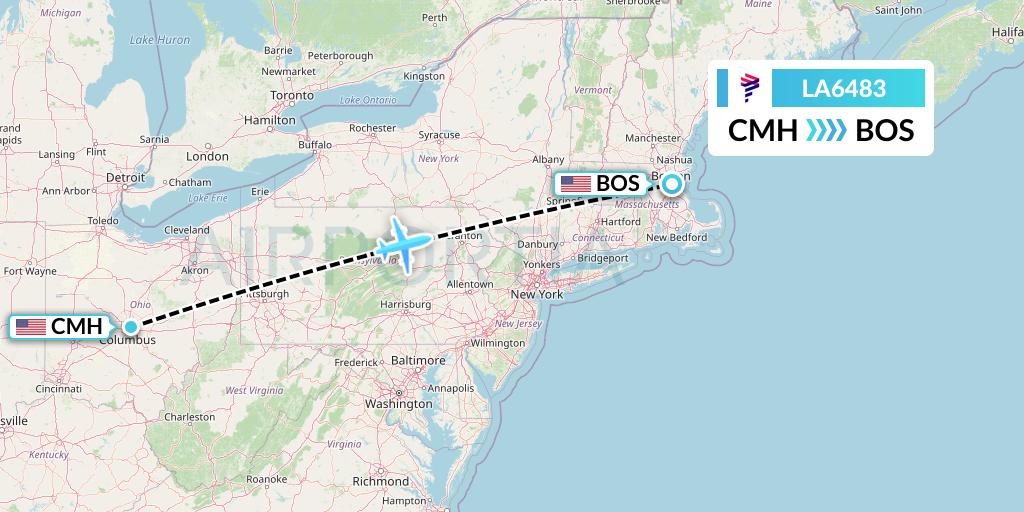 LA6483 LAN Airlines Flight Map: Columbus to Boston