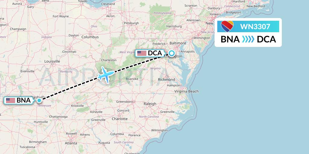 WN3307 Southwest Airlines Flight Map: Nashville to Washington
