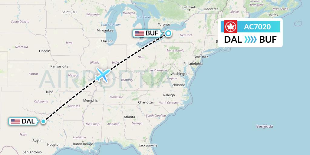 AC7020 Air Canada Flight Map: Dallas to Buffalo
