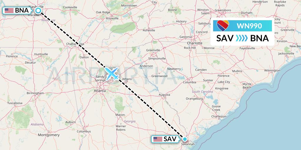 WN990 Southwest Airlines Flight Map: Savannah to Nashville