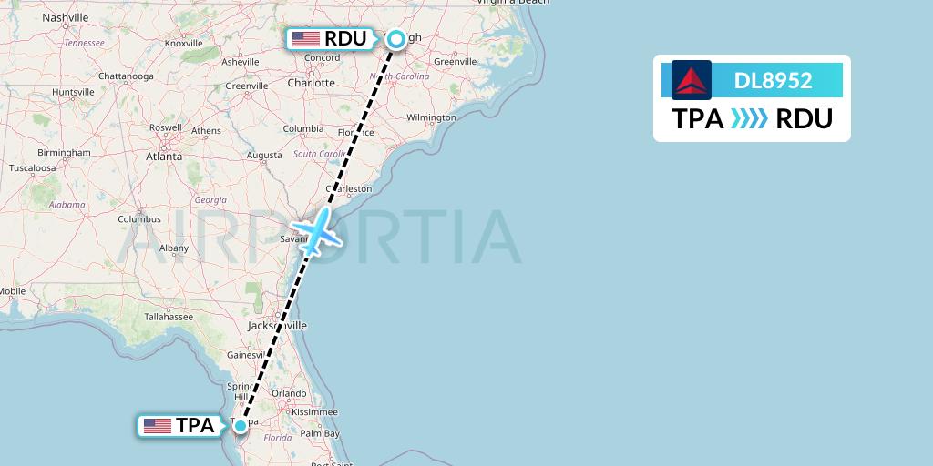 DL8952 Delta Air Lines Flight Map: Tampa to Raleigh-Durham