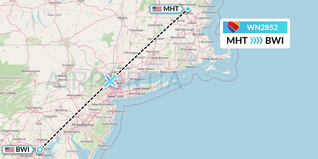 WN2852 Southwest Airlines Flight Map: Manchester to Baltimore