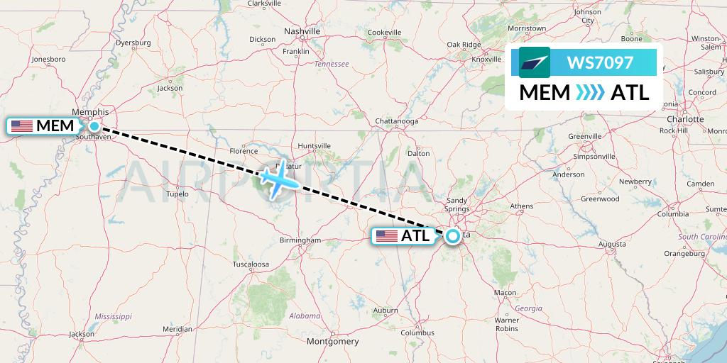 WS7097 WestJet Flight Map: Memphis to Atlanta