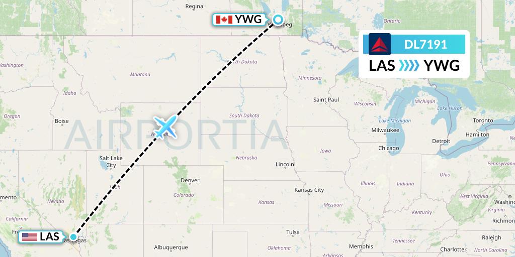 DL7191 Delta Air Lines Flight Map: Las Vegas to Winnipeg
