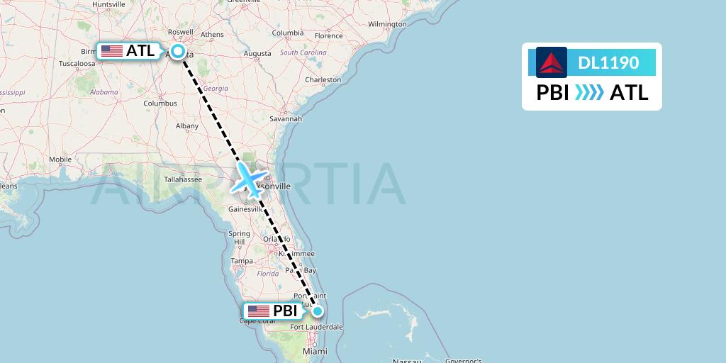 DL1190 Delta Air Lines Flight Map: West Palm Beach to Atlanta