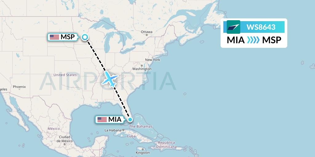 WS8643 WestJet Flight Map: Miami to Minneapolis