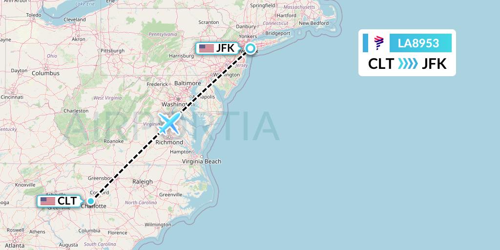 LA8953 LAN Airlines Flight Map: Charlotte to New York