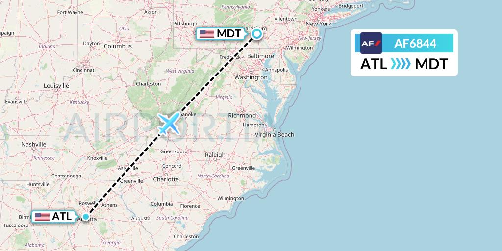 AF6844 Air France Flight Map: Atlanta to Harrisburg
