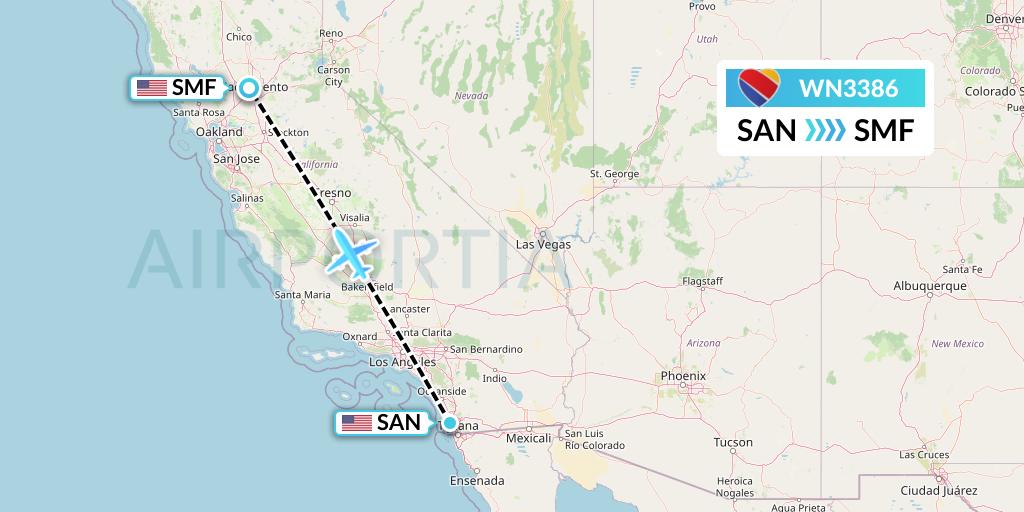 WN3386 Southwest Airlines Flight Map: San Diego to Sacramento