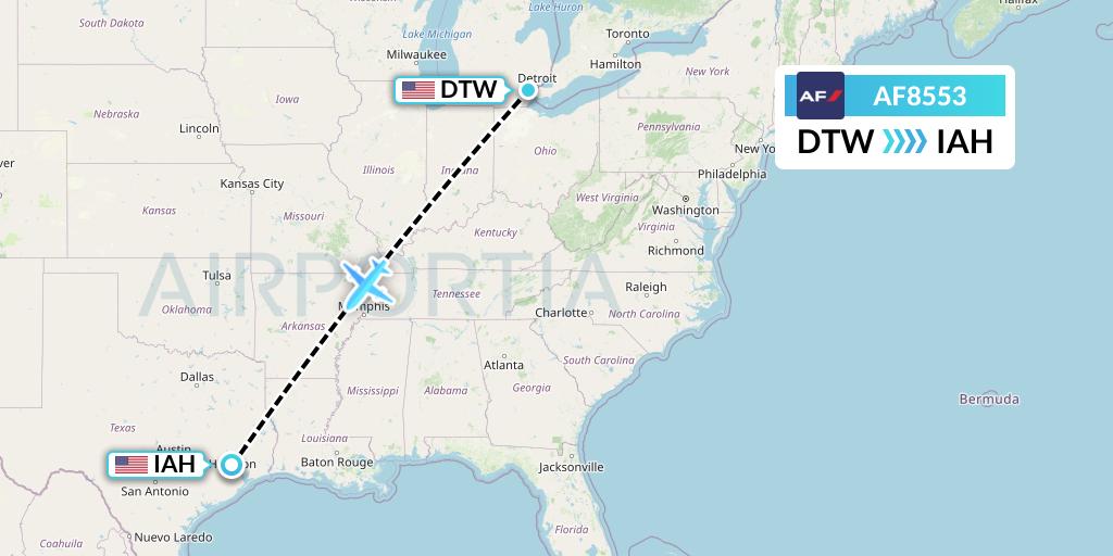 AF8553 Air France Flight Map: Detroit to Houston