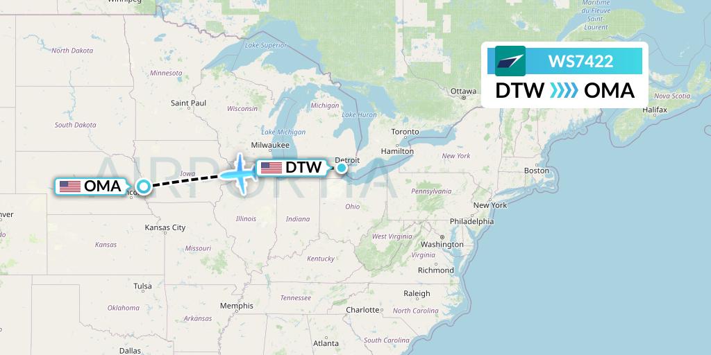 WS7422 WestJet Flight Map: Detroit to Omaha