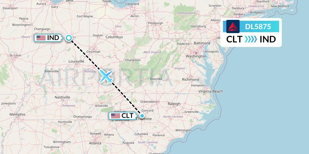 DL5875 Delta Air Lines Flight Map: Charlotte to Indianapolis