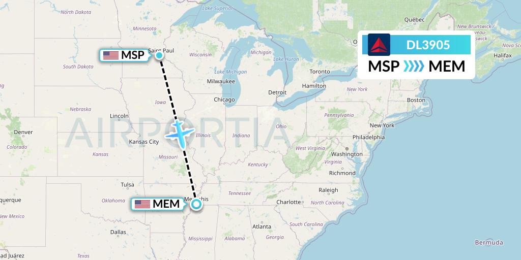DL3905 Delta Air Lines Flight Map: Minneapolis to Memphis