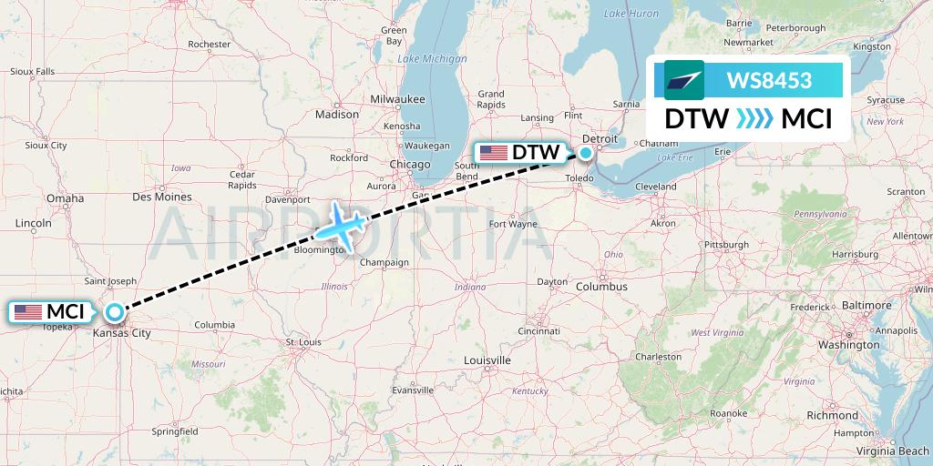 WS8453 WestJet Flight Map: Detroit to Kansas City