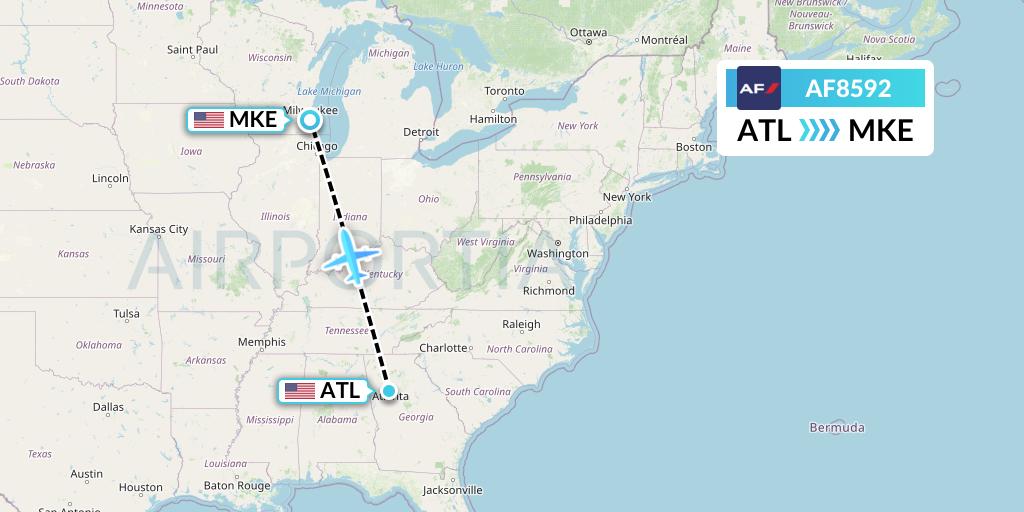 AF8592 Air France Flight Map: Atlanta to Milwaukee