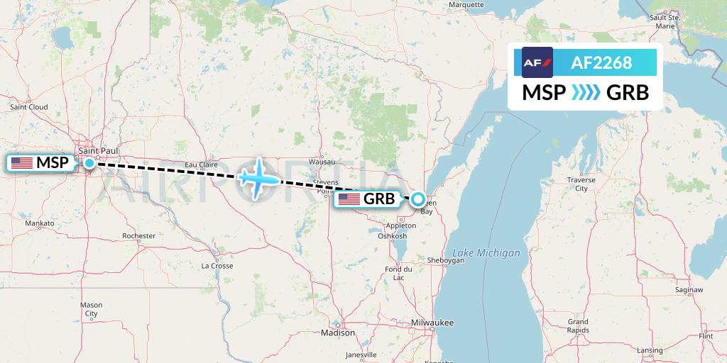 AF2268 Air France Flight Map: Minneapolis to Green Bay