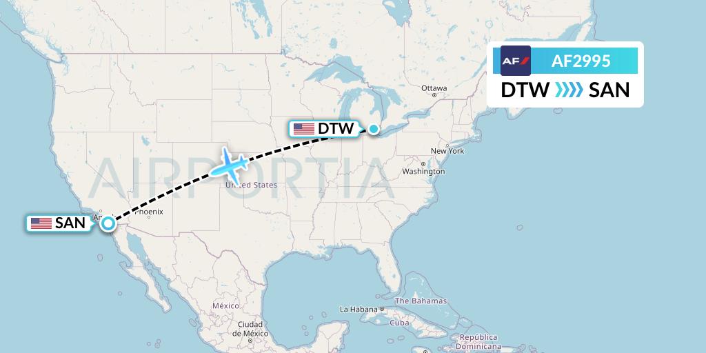 AF2995 Air France Flight Map: Detroit to San Diego