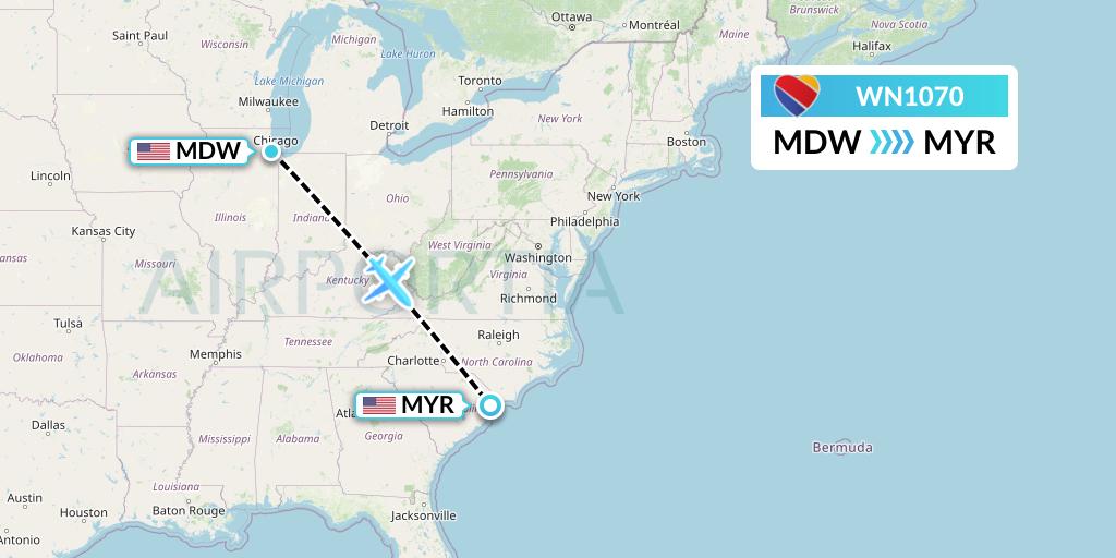 WN1070 Southwest Airlines Flight Map: Chicago to Myrtle Beach
