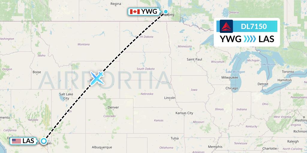 DL7150 Delta Air Lines Flight Map: Winnipeg to Las Vegas