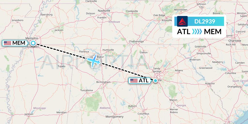 DL2939 Delta Air Lines Flight Map: Atlanta to Memphis