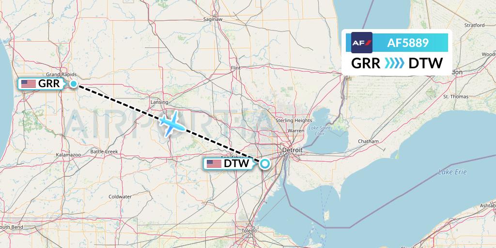 AF5889 Air France Flight Map: Grand Rapids to Detroit