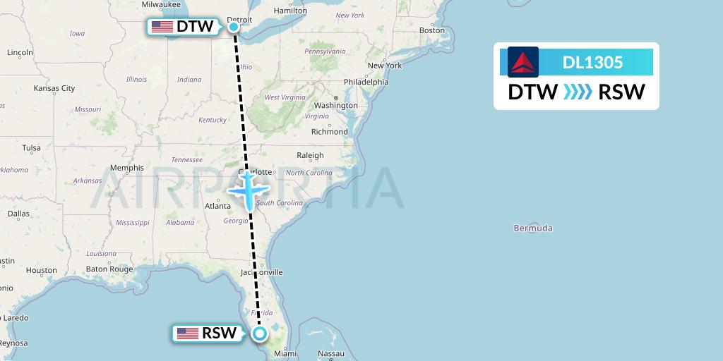 DL1305 Delta Air Lines Flight Map: Detroit to Fort Myers
