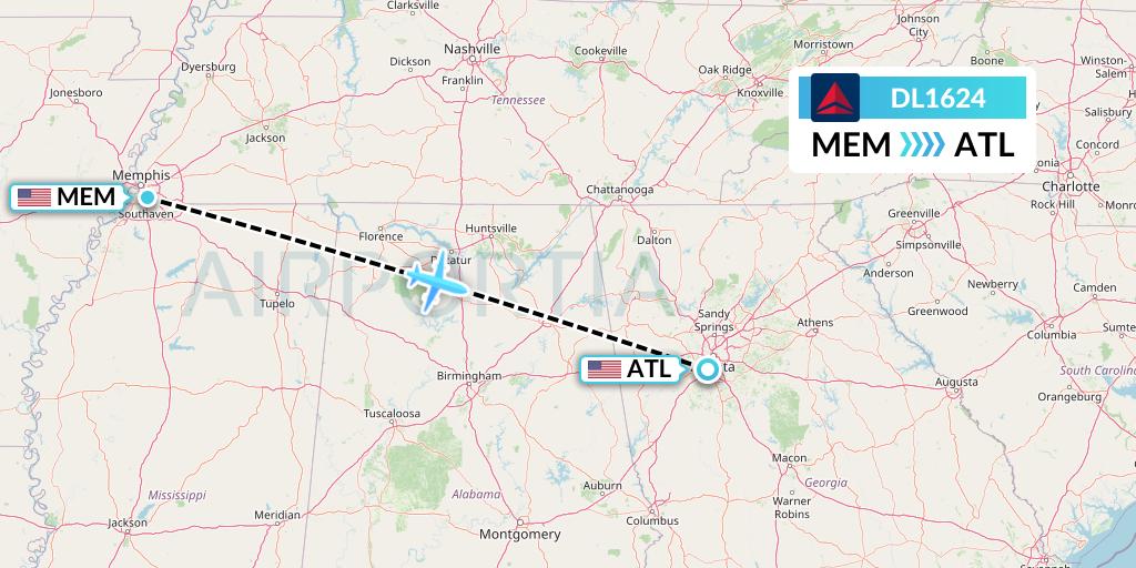 DL1624 Delta Air Lines Flight Map: Memphis to Atlanta