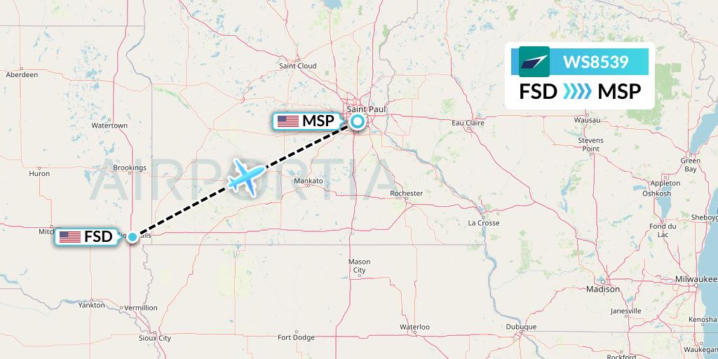 WS8539 WestJet Flight Map: Sioux Falls to Minneapolis