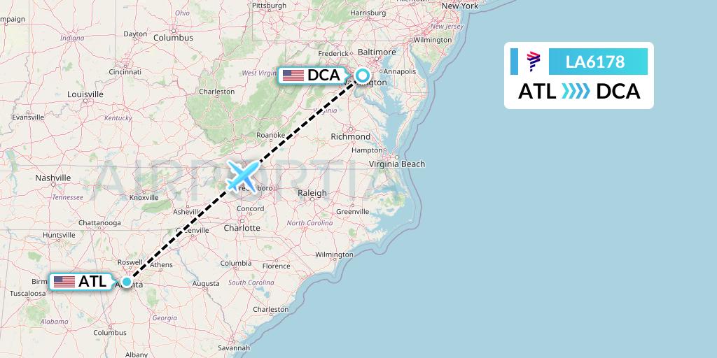LA6178 LAN Airlines Flight Map: Atlanta to Washington